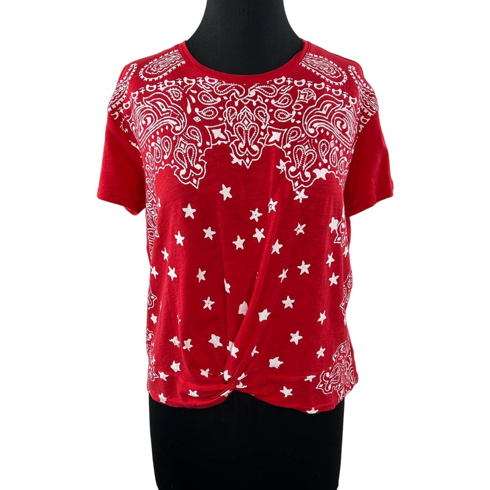 Lucky Brand Red & White Bandana Print Knotted Hem Tee Shirt Short Sleeve Stars S